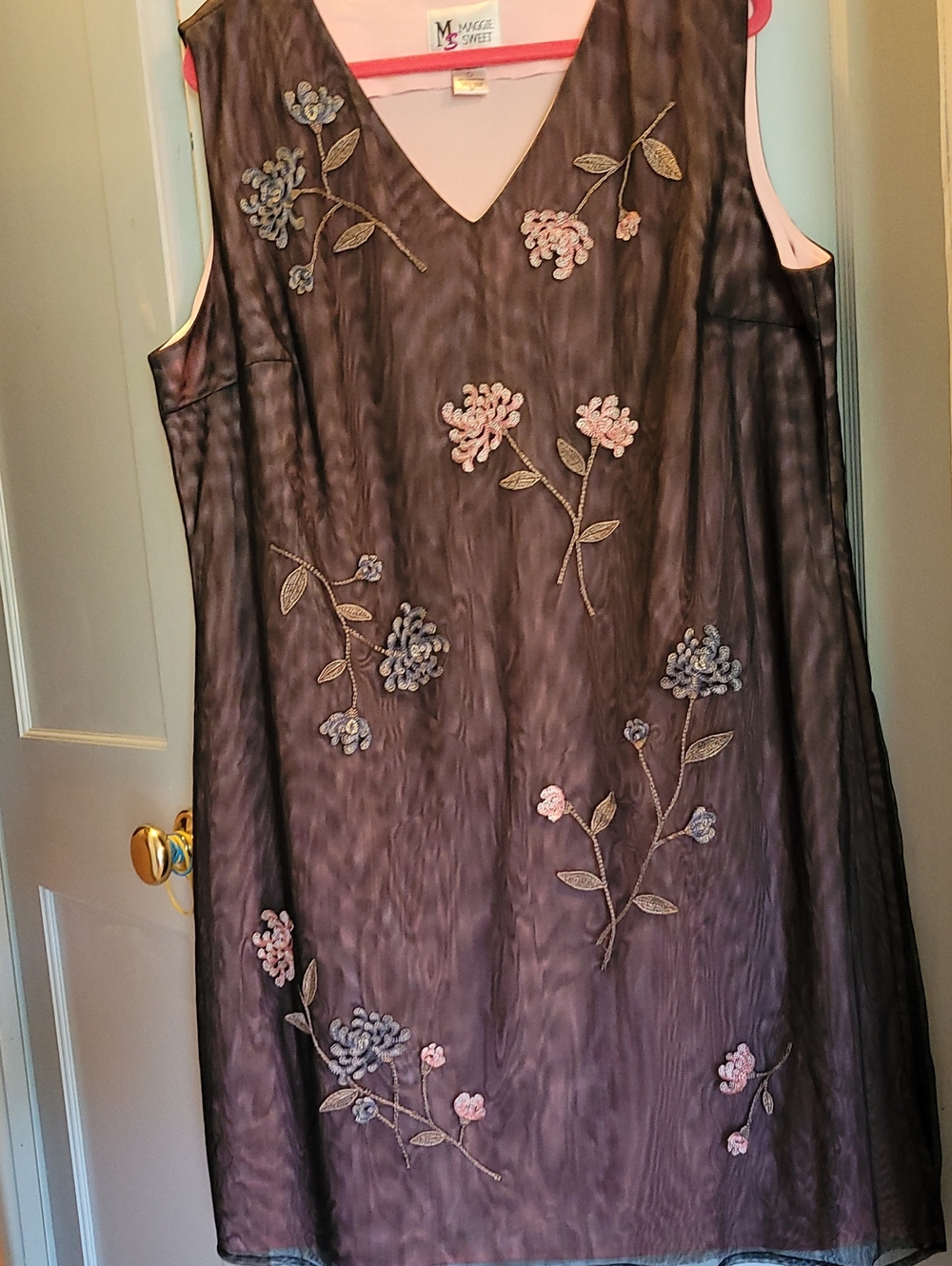 Maggie Sweet -sleeveless & V-neck -  Brown Embroidered Netting Over Pink Lining.